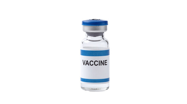 Medical glass vial labeled with vaccine text on a white background, healthcare concept