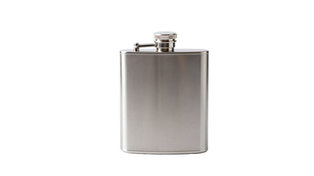 Stainless steel pocket hip flask isolated on a pure white background for drinking alcohol
