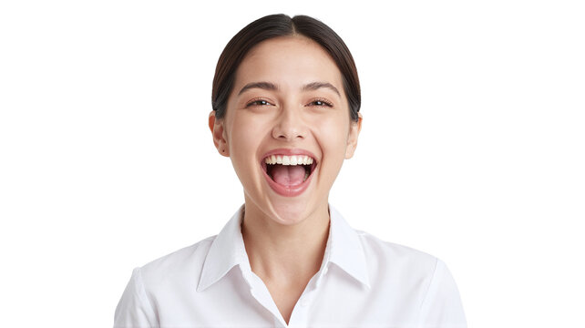 Cheerful young woman laughing out loud with a wide open mouth in a professional white shirt