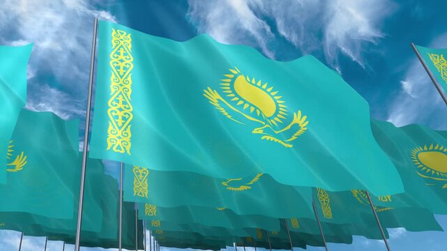 Multiple Kazakhstan flags seamless looping waving on blue sky