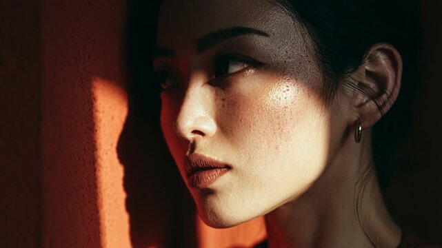 Close-up portrait of a young Asian woman with freckles and dramatic lighting
