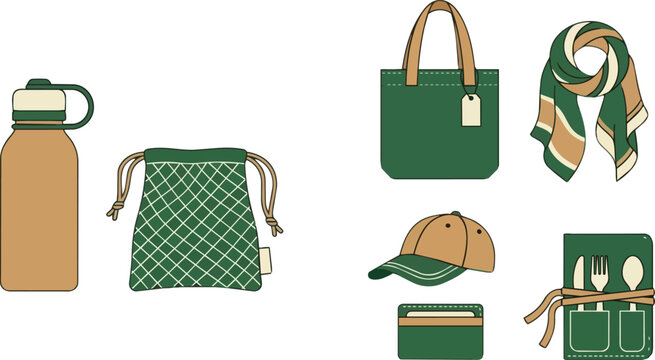 Reusable lifestyle gear, sustainable travel accessories and eco-friendly products for outdoor adventure. Green tote bag, water bottle and cutlery set with cap, scarf and pouch for zero waste living
