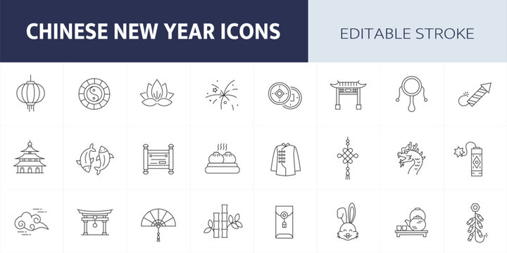 Chinese New Year Line Icon Set. Editable Stroke.