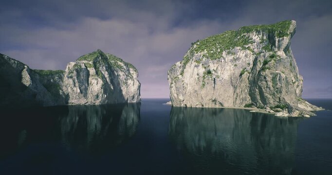 cliffs reflected on calm ocean water moody sky over limestone outcrops soft reflections peaceful remote atmosphere ideal for landscape photography and travel