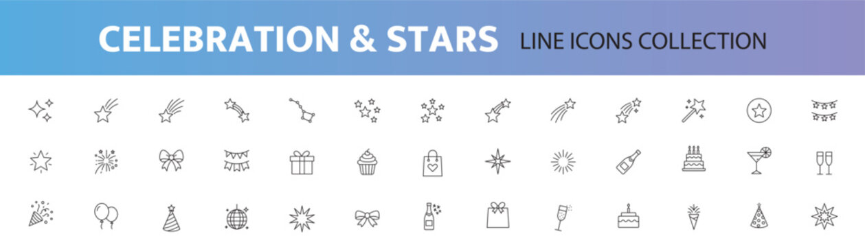Celebration and Stars Line Icon Set. Editable Stroke.