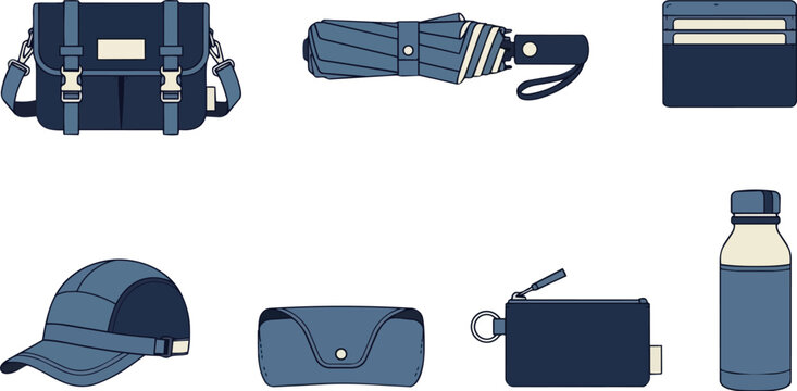 Travel accessories, daily essentials and messenger bag with umbrella, card holder for commuter lifestyle. Blue gear, cap and bottle for school, hiking or office kit for organized men or students.