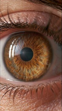 Extreme close-up of a human brown iris showing intricate details and texture
