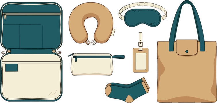Travel accessories, neck pillow and eye mask for vacation, flying and comfort on airplane. Luggage tag, tote bag and organizer with socks, pouch and travel gear for flight, trip and adventure.