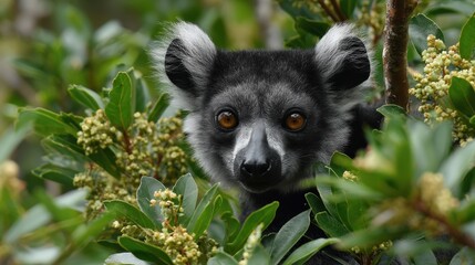 Naklejka premium A striking black-and-white ruffed lemur peers out from lush foliage, its amber eyes and distinctive markings capturing the essence of Madagascar's unique wildlife