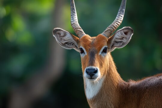 Lechwe portrait: Intense gaze, reddish-brown coat, distinctive antlers. Lush green backdrop highlights its beauty