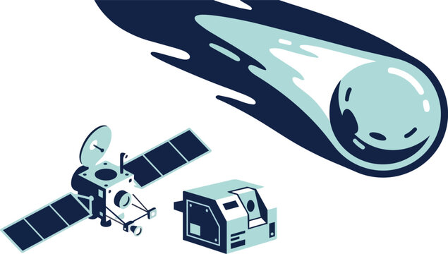 Space, comet and satellite with asteroid for research, astronomical exploration and cosmic discovery. Science, orbit and technology with mission, star and galactic flight for universe observation.