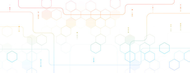 Obraz premium Abstract web banner background with geometric hexagon network pattern, soft gradient colors, and modern circuit lines for technology and scientific presentation design.