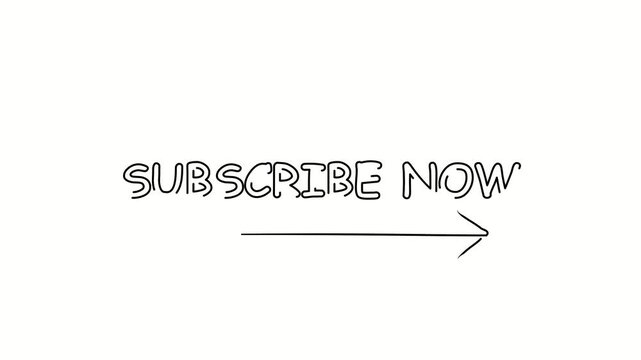 Subscribe now. Contour drawing business text animation with arrow, direction. Continuous line word. Isolated message on white. Video 4k object illustration self-drawing. Minimalist continuous line dra