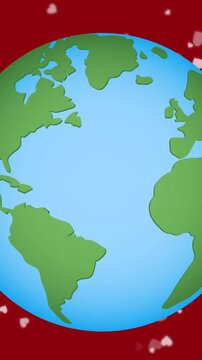 Animation of hearts floating over red background with globe