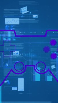 Animation of gamepad icon over data processing on blue background