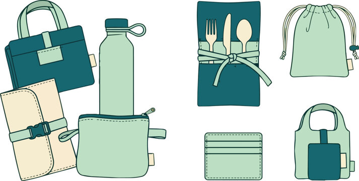 Eco friendly products, reusable bags and water bottle for zero waste lifestyle and sustainable living. Sustainable kit, canvas pouch and cutlery set with lunch box for picnic and travel gear set
