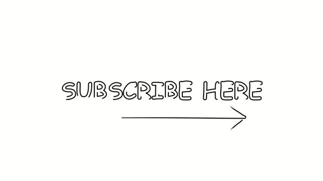Subscribe here. Contour drawing business text animation with arrow, direction. Continuous line word. Isolated message on white. Video 4k object illustration self-drawing. Minimalist continuous line dr