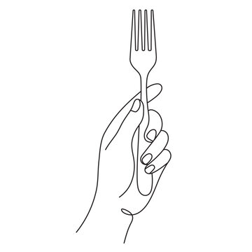 Hand Holding Fork One Line Art. Editable Stroke.
