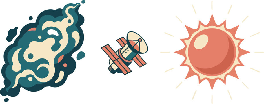 Space satellite sun and nebula icons for astronomy research, science project and cosmic exploration. Galaxy, star and telescope with universe elements, solar system and orbital observation toolkit