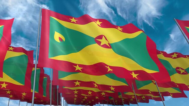 Multiple Grenada flags seamless looping waving on blue sky