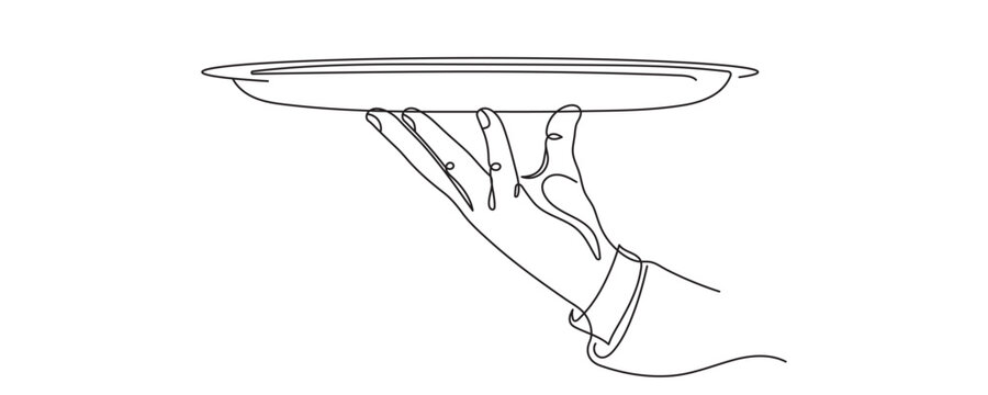Waiter Hand Holding Tray One Line Art. Editable Stroke.