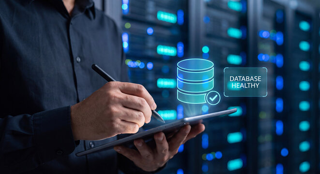 database administrator writes on tablet beside glowing database monitoring interface to confirm database healthy, verify query performance, and manage backup schedule