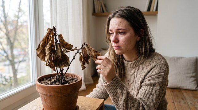 Sad Crying Young Woman Looking at Withered Dead Houseplant in Pot Feeling Depressed and Hopeless at Home