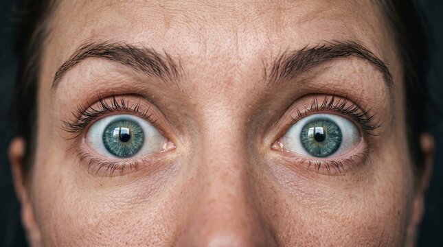 Extreme close up of woman with wide open blue eyes showing surprise shock or fear on her face
