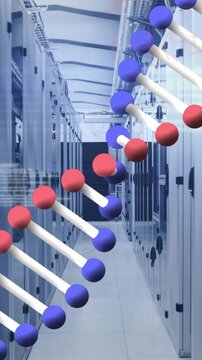 Animation of data processing and dna strand over server room