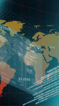 Animation of data processing with world map on black background