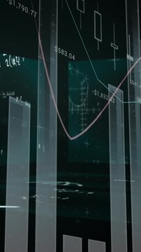 Statistical data processing against screens with mathematical equations on green background