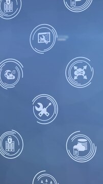 Multiple digital icons over light trails and light spots against blue background