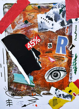 Handmade mixed media collage background featuring torn paper, vintage magazine cutouts, abstract shapes, eye illustration, typography ART and textured paper elements. Creative artistic composition