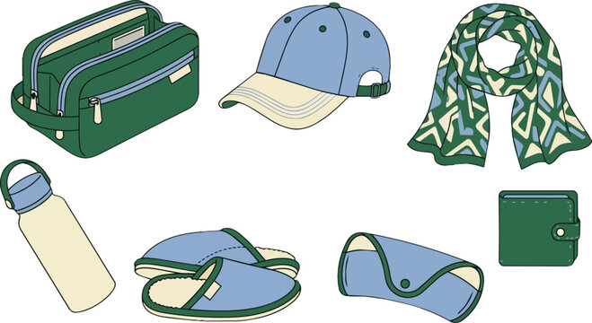 Travel accessories set, bag and cap with scarf for luggage, vacation planning and holiday. Slippers, bottle and wallet with glasses case for summer journey, outdoor gear and lifestyle collection