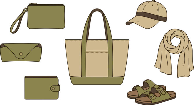 Travel accessories set with tote bag, sandals and scarf for summer vacation, weekend trip and leisure lifestyle. Fashion items, pouch and wallet with cap, eyewear case and footwear for clothing theme