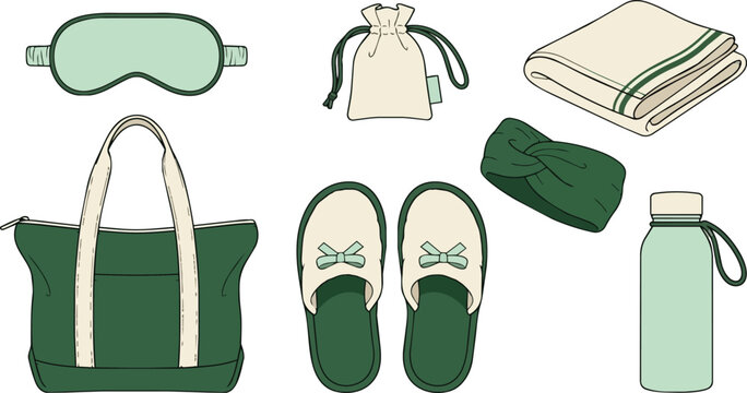 Travel accessory kit and spa set for wellness, comfort and relaxation. Sleep mask, bag and slippers with towel for vacation, hotel stay and personal care. Amenities, lifestyle and soft fabrics pack.