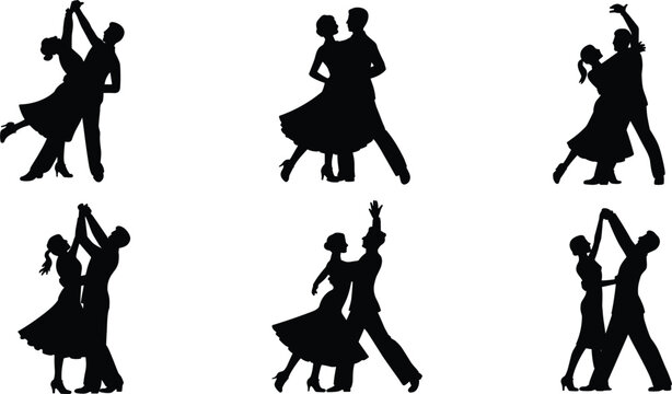 Set of black silhouettes depicting couples performing ballroom dance moves, including waltz and tango poses, isolated on a clean white background, for projects