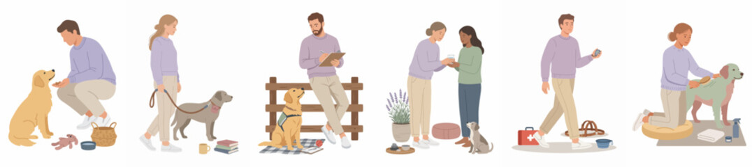 Obraz premium Collection of flat vector illustrations depicting various dog care activities, including walking, grooming, training, and playing with different dog breeds.