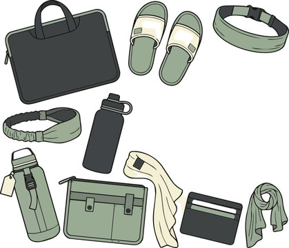 Travel accessories, lifestyle essentials and adventure gear for holiday, vacation and trip. Packing items, luggage and belongings for tourism, journey and exploration with copy space for text and inf