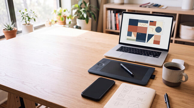 Creative Home Office Workspace with Laptop and Graphic Tablet