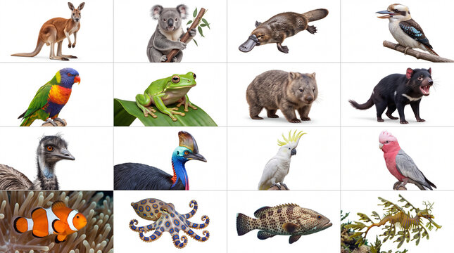 Mega set of Australian animals and wildlife icons including kangaroo, koala, platypus, wombat, tasmanian devil, emu, cassowary, and blue-ringed octopus isolated on white background.