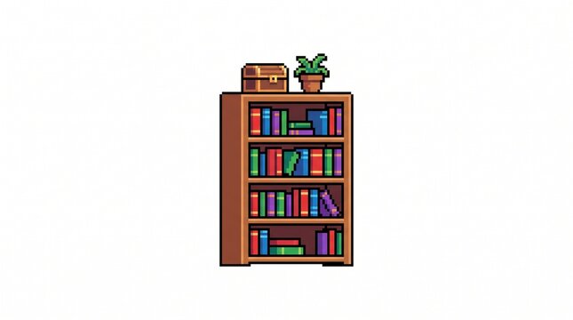8-bit pixel art of a wooden bookshelf filled with colorful books interior game asset isolated on white.