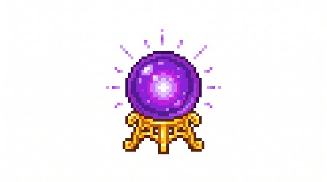 8-bit pixel art of a glowing purple magic crystal ball game asset isolated on white.