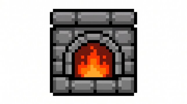 8-bit pixel art of a grey stone furnace with glowing fire crafting game asset isolated on white.