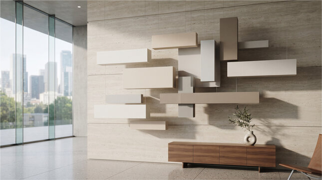 Minimalist abstract wall art installation featuring floating geometric rectangles in neutral beige and white tones within a modern spacious lobby