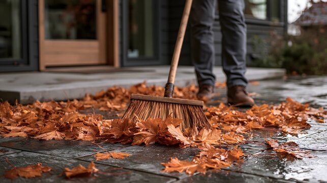 Nasses Herbstlaub wird vor einem Hauseingang zusammengekehrt