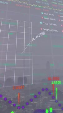 Animation of graphs and trading boards over aerial view of fog covered modern city in background