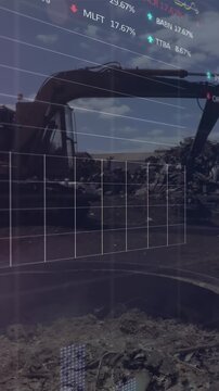 Animation of graphs, trading boards, smoke from burning scrap, crane in junkyard against cloudy sky