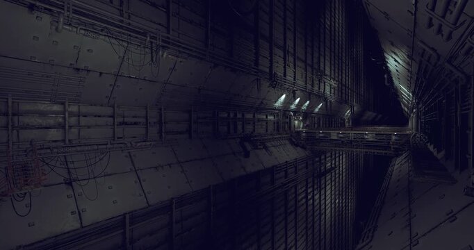 Narrow futuristic maintenance corridor lined with glossy panels and linear lights, exposed cables and conduits leading into controlled depth, sterile atmosphere