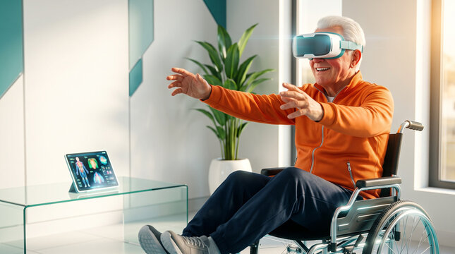Cheerful elderly man in wheelchair wearing futuristic VR headset experiencing virtual reality rehabilitation simulation, modern bright medical clinic interior background with copy space for banner